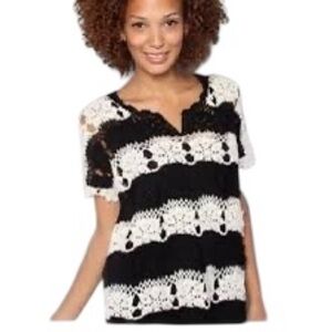 Free People Crochet Top Silk Linen Cotton Black White Striped Tunic Size XS